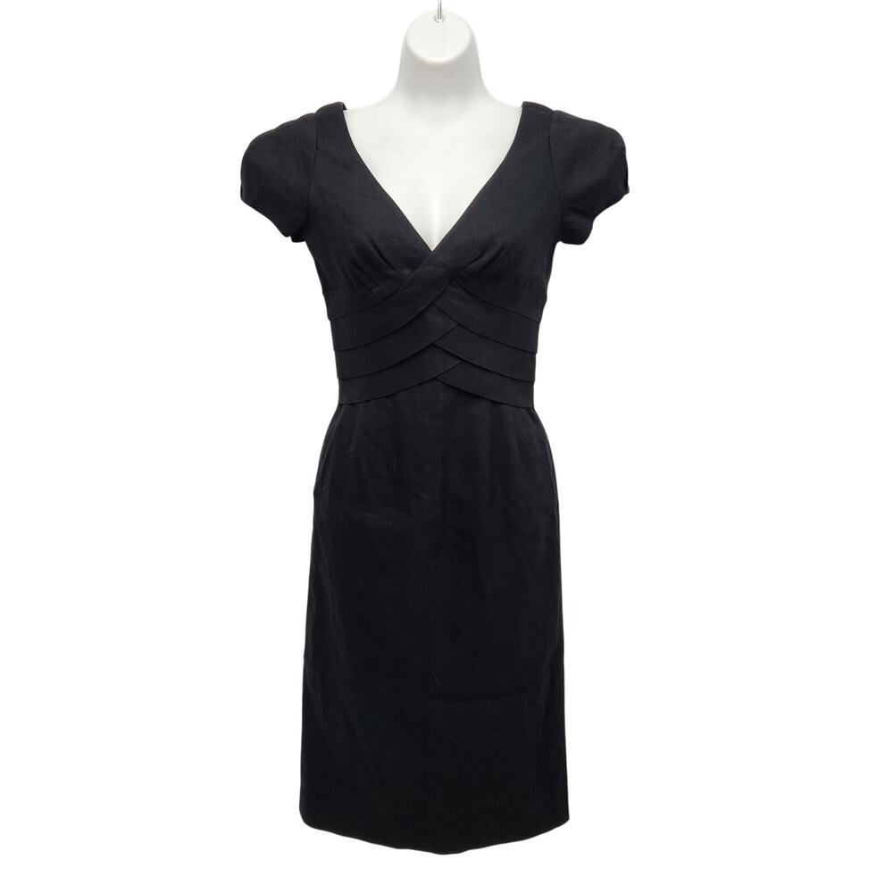 Rebecca Taylor Cross Front V Neck Pencil Formal Black Wool Linen Dress Women's 2